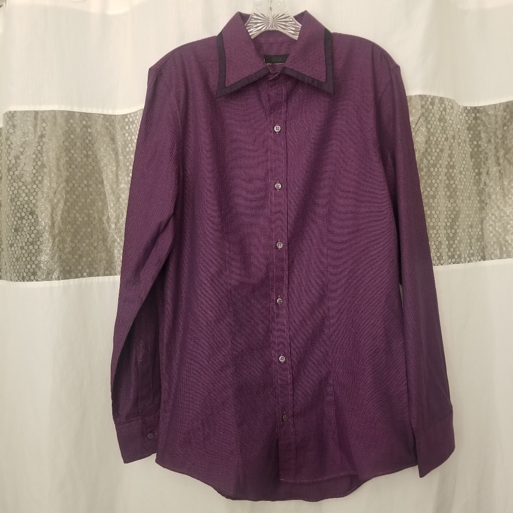 Gigli Button-Down Cotton Checked Shirt, Purple/Navy, US 6-8, NWOT